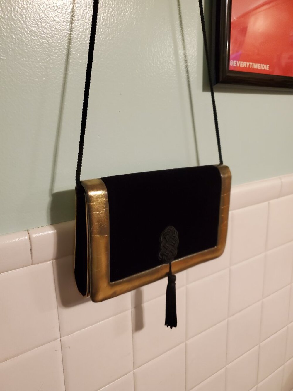 Vintage Black Velvet and Gold Evening Shoulder Tassel Bag - Picture 9 of 11